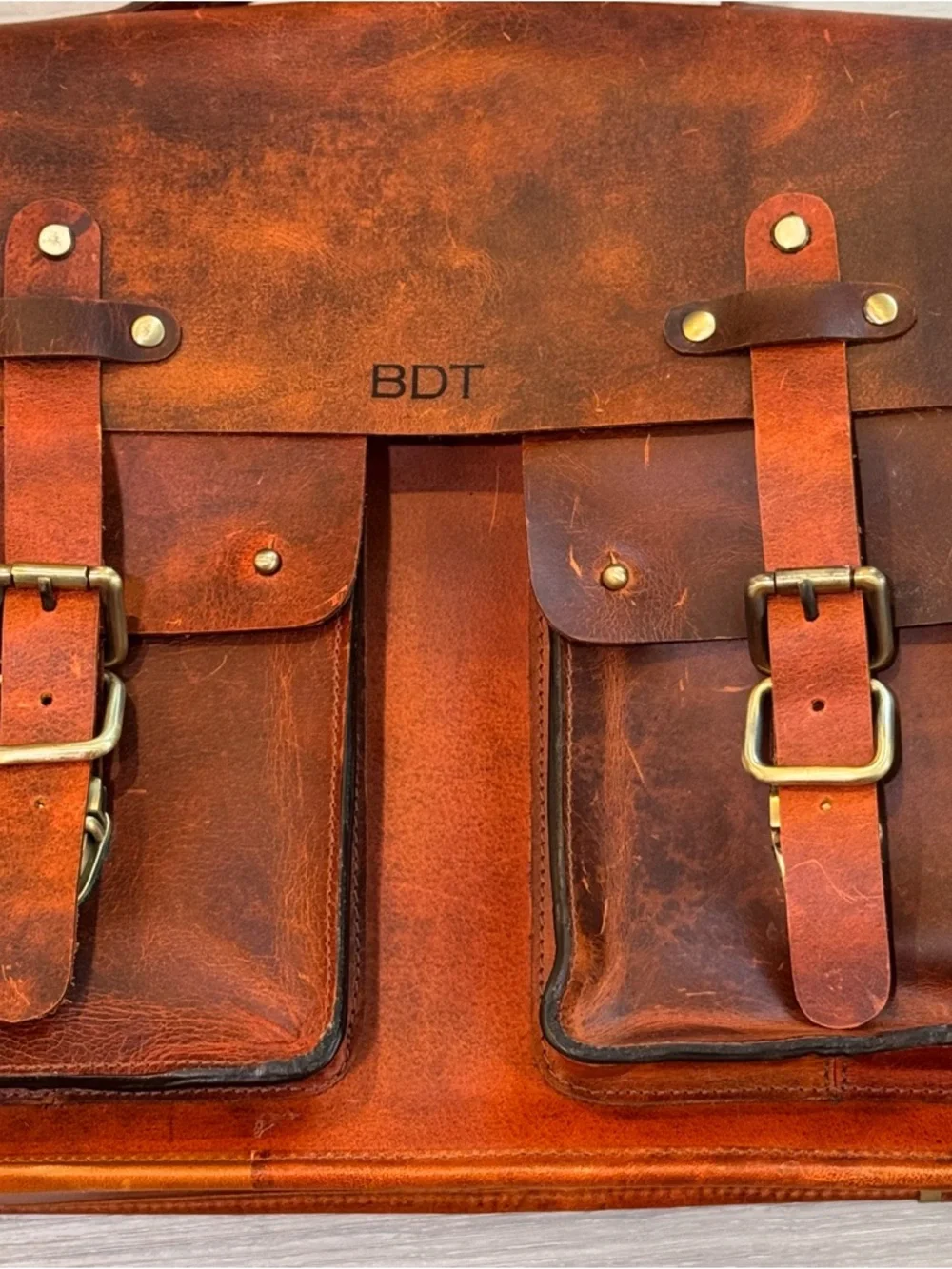 Kalating London Plane Leather Briefcase Burnt Orange Satchel Bag with pockets